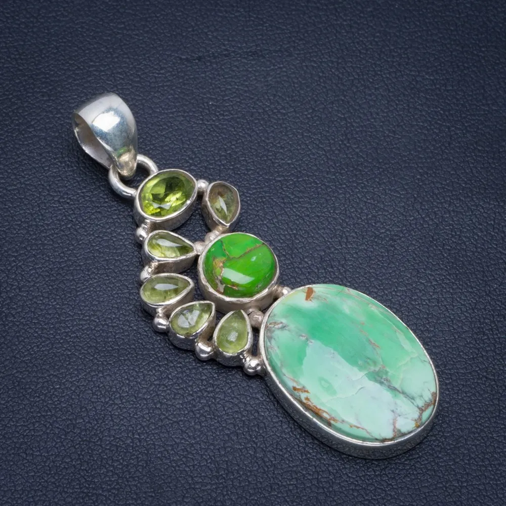 

Natural Turquoise,Peridot and Prehnite Handmade Unique 925 Sterling Silver Pendant 2" B3051