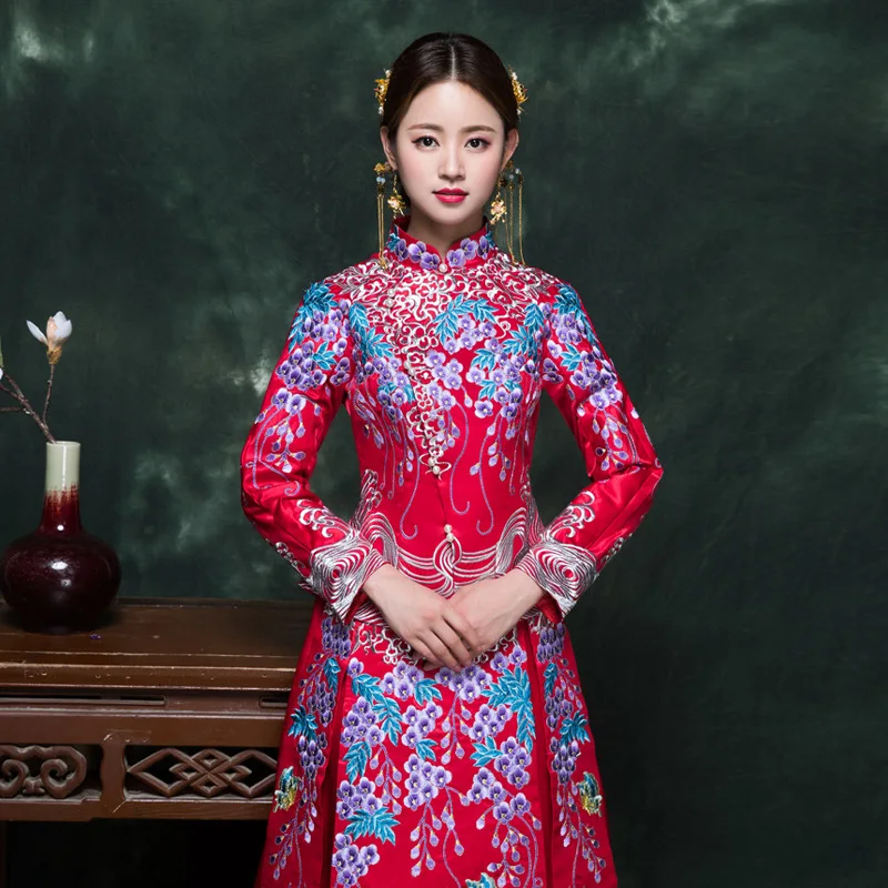 Chinese Traditional Wedding Dress Bride New Style Spring Summer Red Retro Chinese Style Marriage Slimming Dress for Toast