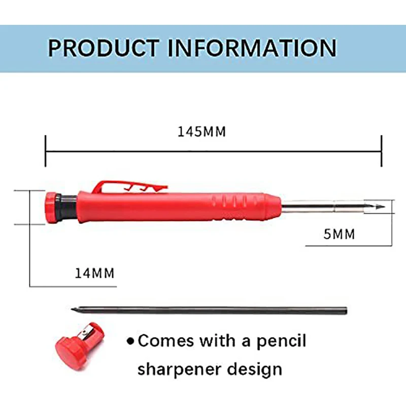 Solid Carpenter Pencil Set with 7 Refill Leads, Built-in Sharpener, Deep Hole Mechanical Pencil Marker Marking Tool