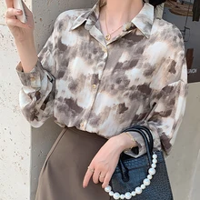 

Women's New Chiffon Blouses Long Sleeve Notched Neck Thin Casual Blusas Mujer De Made Tie-dye Print Fashion Spring Shirts Female