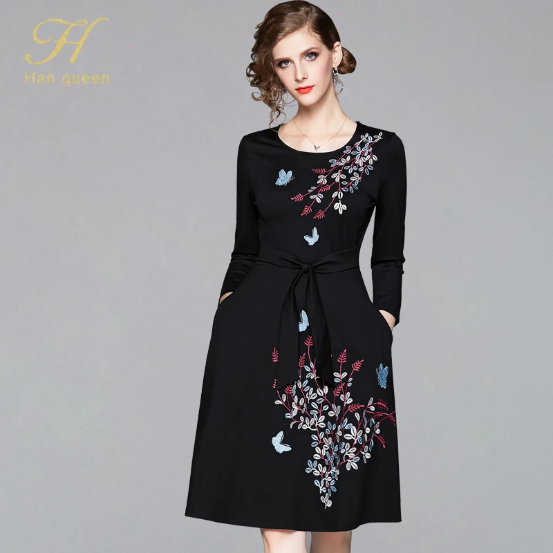 

H Han Queen Knee-length Vintage Embroidery Dress Women 2019 Autumn Office Party Slim Black Dresses Runway Elegant A-line Vestido