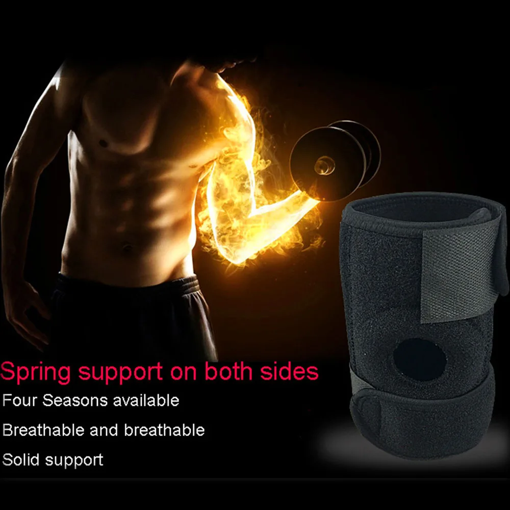 The cubital tunnel syndrome brace shown on the elbow demonstrating the OK cloth outer layer, composite diving material body, dual spring stabilizers, double hook and loop strap, and open-design breathable mesh panel for cubital tunnel syndrome, tennis elbow, and sport elbow support.