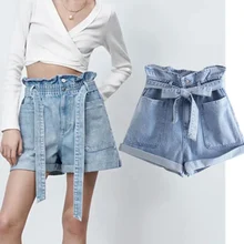 

Withered Summer Denim Shorts Women England Style Fashion Solid Sashes Pockets Loose Harem Short Feminino Plus Size Women Short