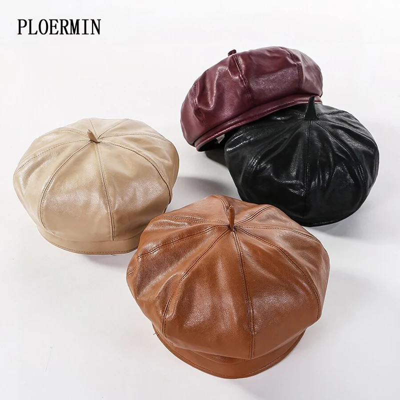 

2019 Fashion Women PU Leather Octagonal Caps Newsboy Cap Vintage Bonnet Beret Style Retro Leather Hat Cowboy