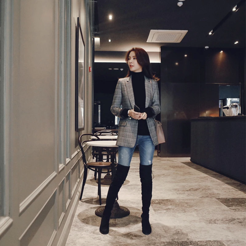 Mode vrouwen lente herfst nieuwe Koreaanse vrouwen плед kleine pak vrouwen jas Slim dunne lange плед pak tij Wilde MS