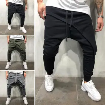 

Sporty Men Solid Color Drawstring Asymmetric Double Layer Long Running Pants