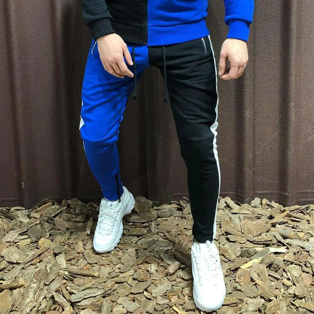 Black blue pants Мужской спортивный костюм, толстовка с капюшоном, топ и штаны, для бега, для спортзала, простой, на молнии, на шнурке, с карманом, в полоску, сплайсинг, тонкий, персональный костюм - Цвет: Black blue pants