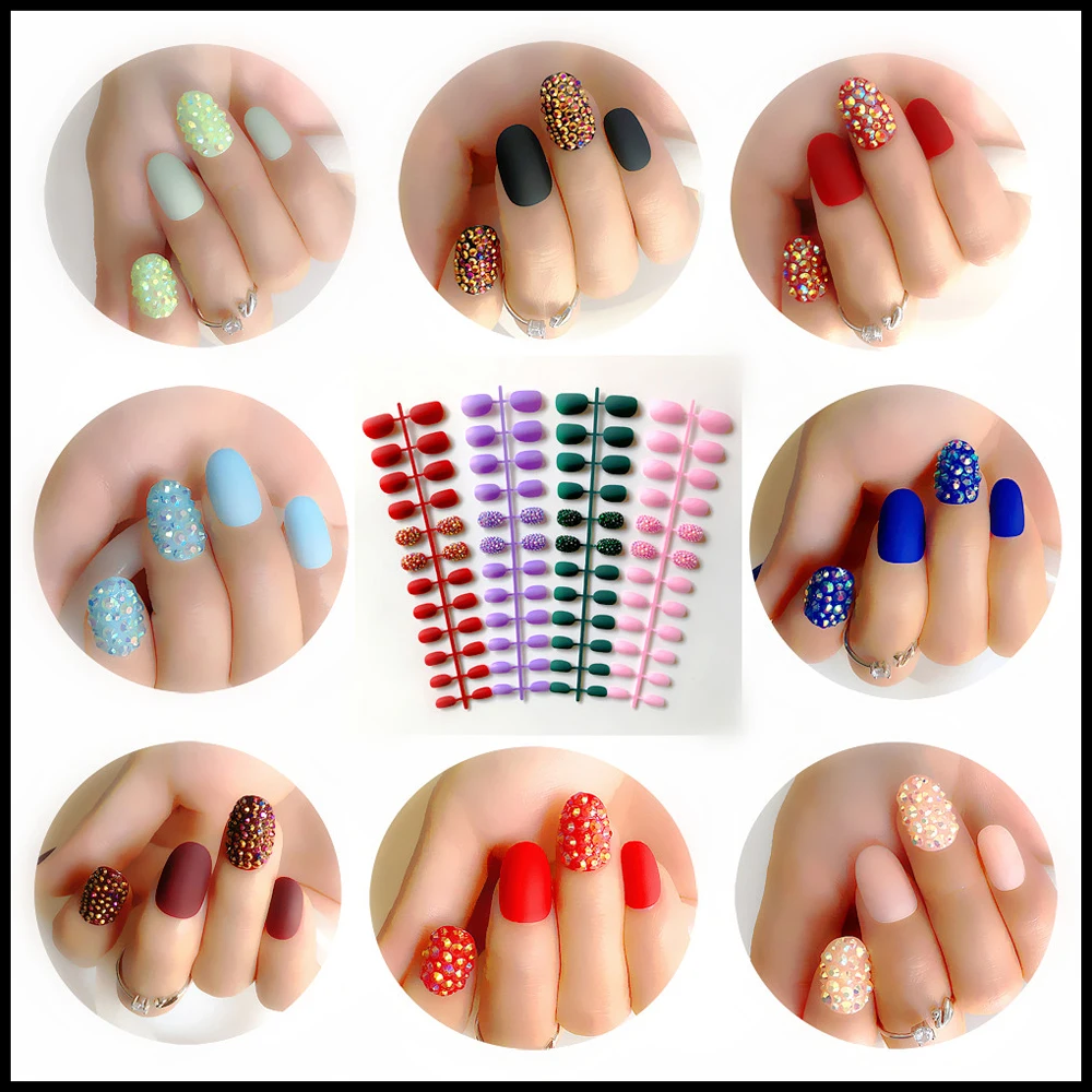 

Wholesale 20Colors Custom Full Rhinestones Bling Matte Fake Nails Press On Nails Round head Soft Frosted False nails full cover