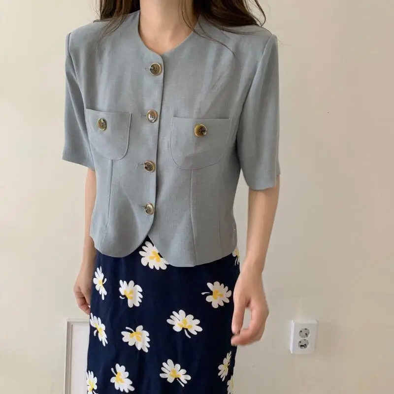 Women Korea Casual Office Blazers Top O-Neck Summer Simple Solid Short Sleeve Blazers Coat Fall Femme Work Short Blazers