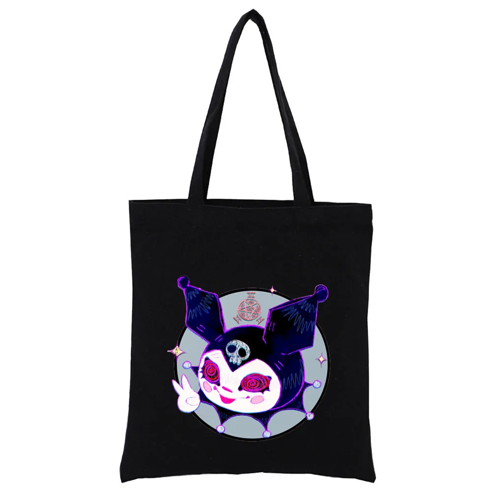 Little Black Bunny Cat Rock Reusable Shopping Bag Women Canvas Tote Bags Printing Eco Bag Cartoon Shopper Shoulder Bags Black
