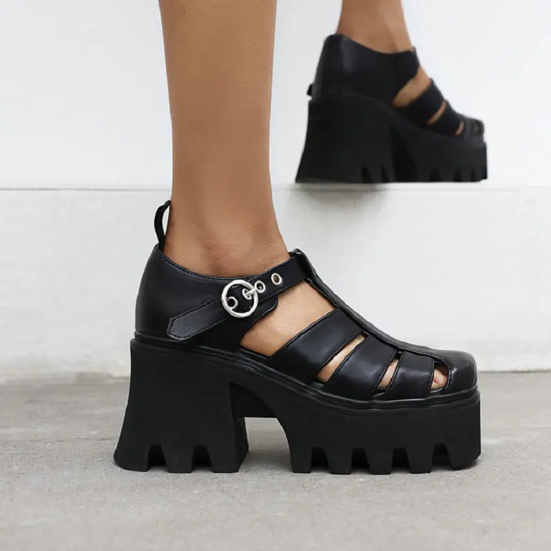 

ZawsThia Black Silver Buckle Strap Cut Out Punk Goth Girls Summer Shoes Chunky High Heels Platform Woman's Gladiators Sandals