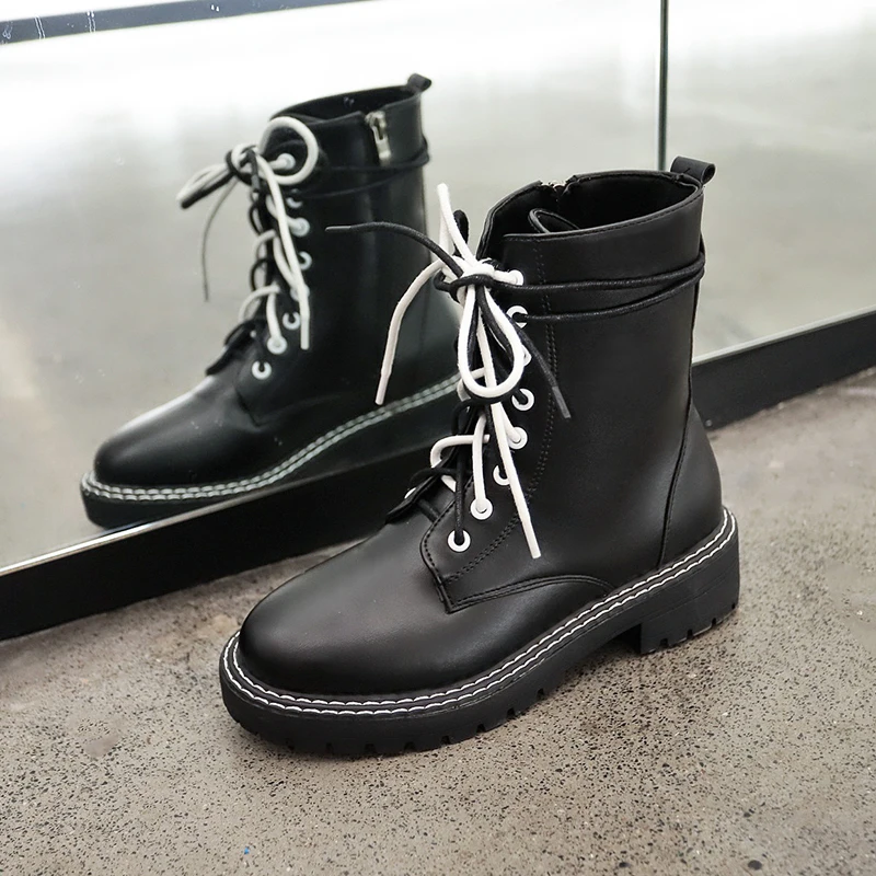 Новинка года; черные армейские ботинки в стиле панк; женские кожаные ботинки на платформе; ботильоны; женская обувь на молнии; модные ботинки на шнуровке; botas mujer