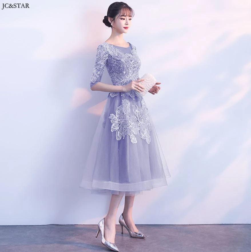 Vestidos de fiesta largos elegantes de gala boda Черпак шеи Кружева Половина рукава линия Серебряный Розовый пыльно-синий платье подружки невесты