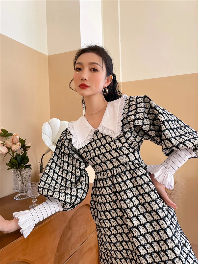 Bornladies Vintage Cat Animal Print Peter Pan Collar Tunic Dress Women Lantern Sleeve Ruffles A Line Mini Cute Spring 2021 | Женская