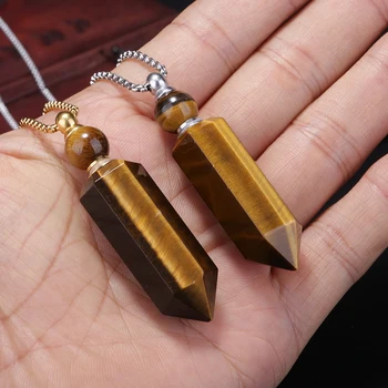 

bullet pillar shape brown tiger eye stone bead empty bottle perfume essential oil container pendant charm necklace for women man
