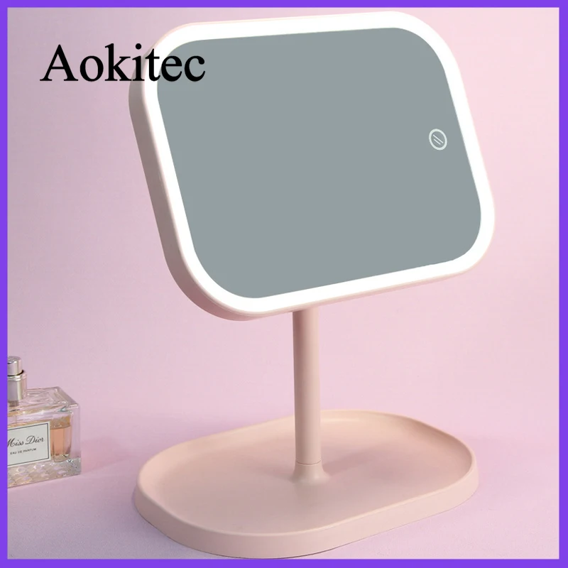 

Led Makeup Mirror Pink Vanity Cosmetic Mirrors with Storage Space Portable Beauty USB Make Up Table Desk Light Mirrors FZB4014-3