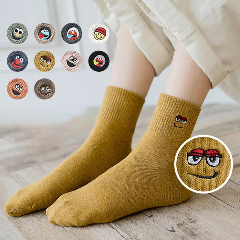 Harajuku Вышивка Длинные носки женские милые хлопковые носки уличная теплая забавные носки осенние Calcetines Mujer Рождество