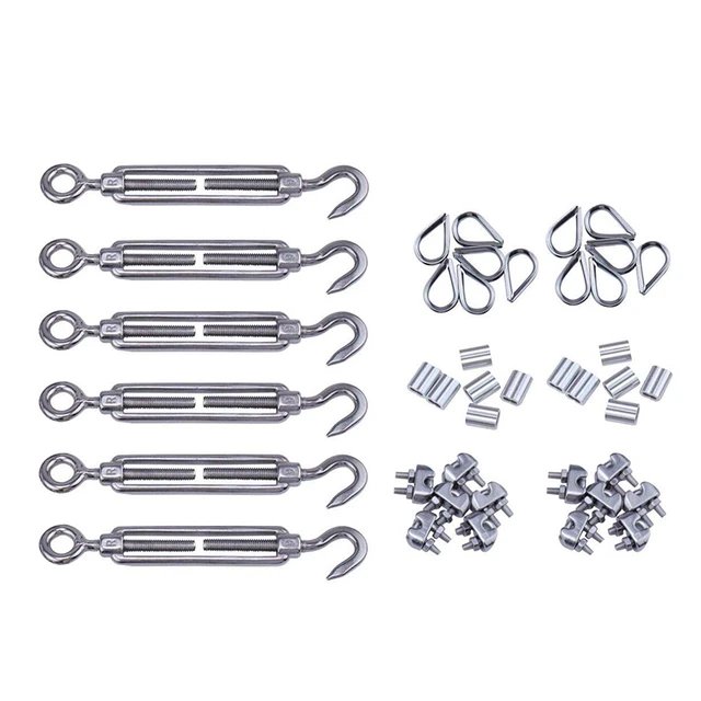 6Set Cable Railing Kit M6 Hook & Eye Turnbuckle Wire Rope Tension M3 Clip  Clamp Aluminum