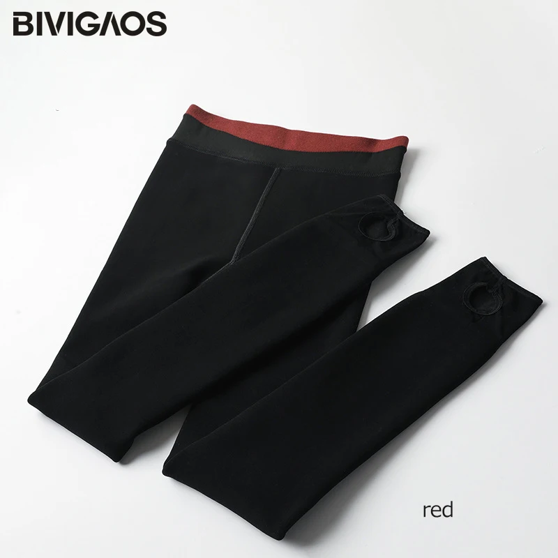 Red waist BIVIGAOS осень зима Радужная Талия бархат утолщение матовый теплые леггинсы женские кашемировые черные леггинсы 500 g греет Высокой талии Узкие брюки - Цвет: Red waist
