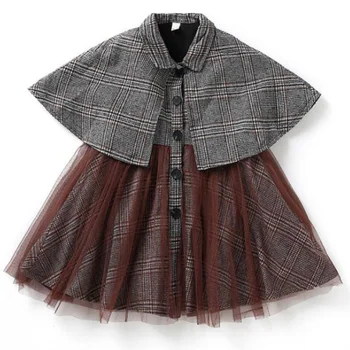 

Girls Autumn Spring Dress Plaid Cloak with Lace Fashion Vintage mesh Dress Coat Elegant Children
