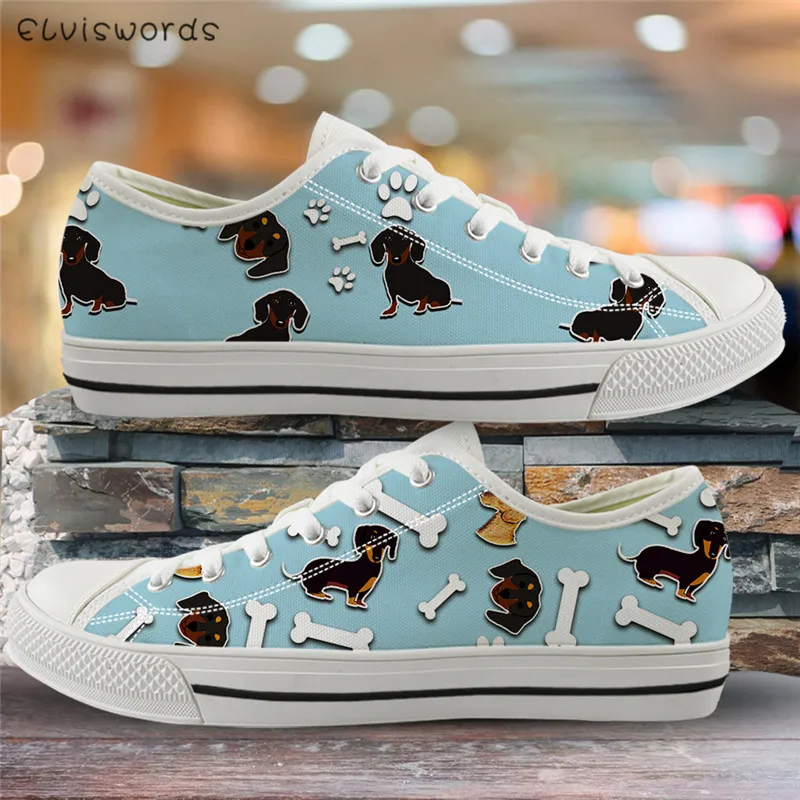

ELVISWORDS Hot Sale Women Canvas Sneakers Dachshund Bone Pattern Breathable Vulcanize Shoes Lace Up Casual Shoes Flats for Girls