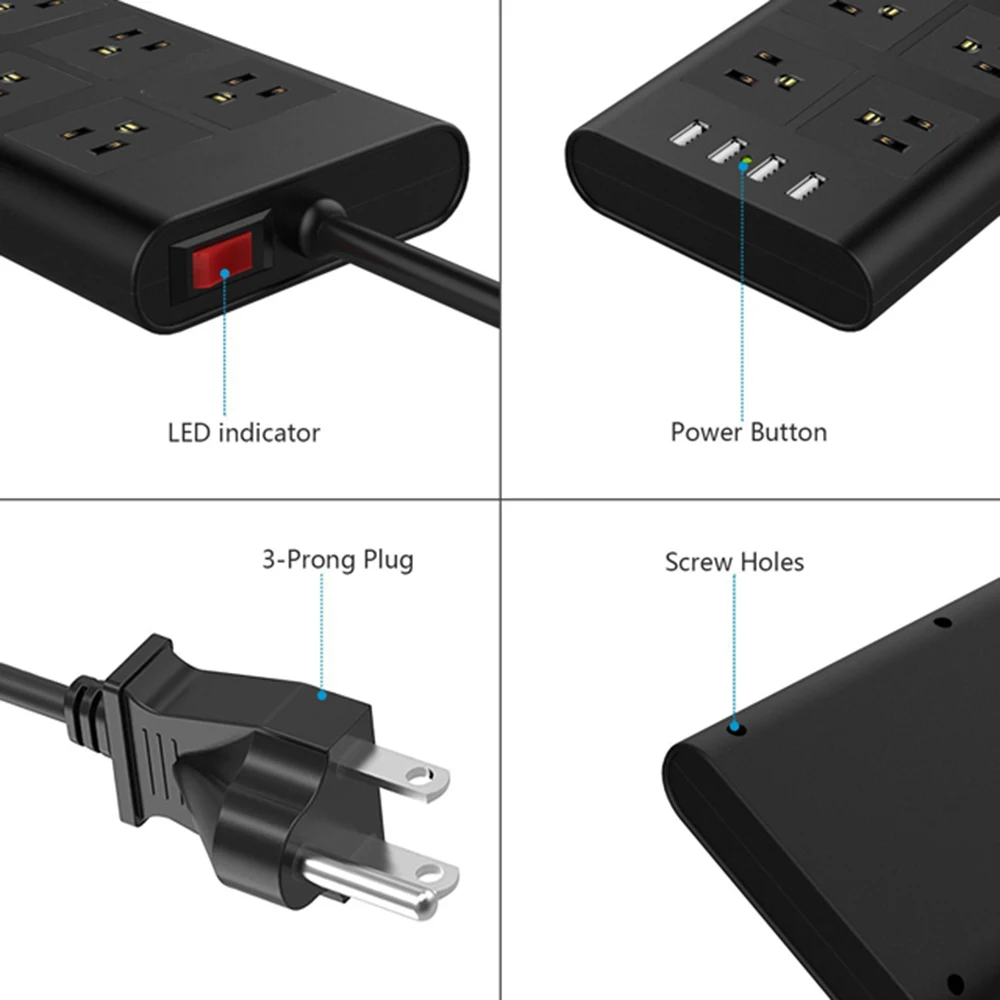 Мощность Полосы США электрическая штепсельная розетка с USB удлинитель розетка для настольных компьютеров 10A защита от перегрузки 2 м удлинитель Черный