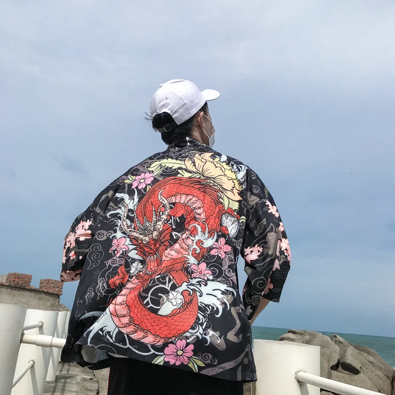 Кимоно Кардиган японская пляжная рубашка для мужчин традиционный стиль Дракон Сакура с принтом летняя пляжная одежда Половина рукава Открытый стежок Топы