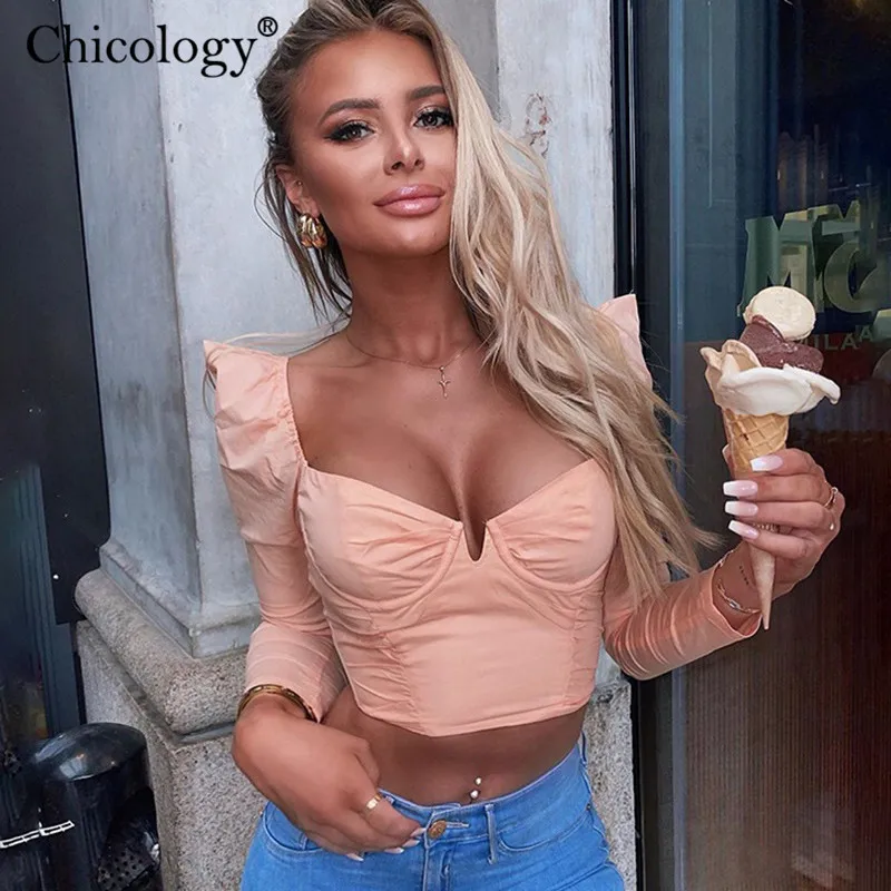 Chicology пышным длинным рукавом Лонгслив кроп Топ Футболка женское Сплошной