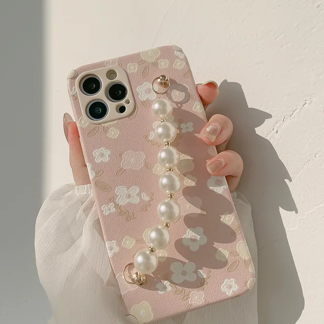 Art Pink Floral Flower Pearl Bracelet Phone Case For iPhone 12 Mini 11 Pro Max X Xs Max Xr 7 8 Puls SE Cases Soft Leather Cover A