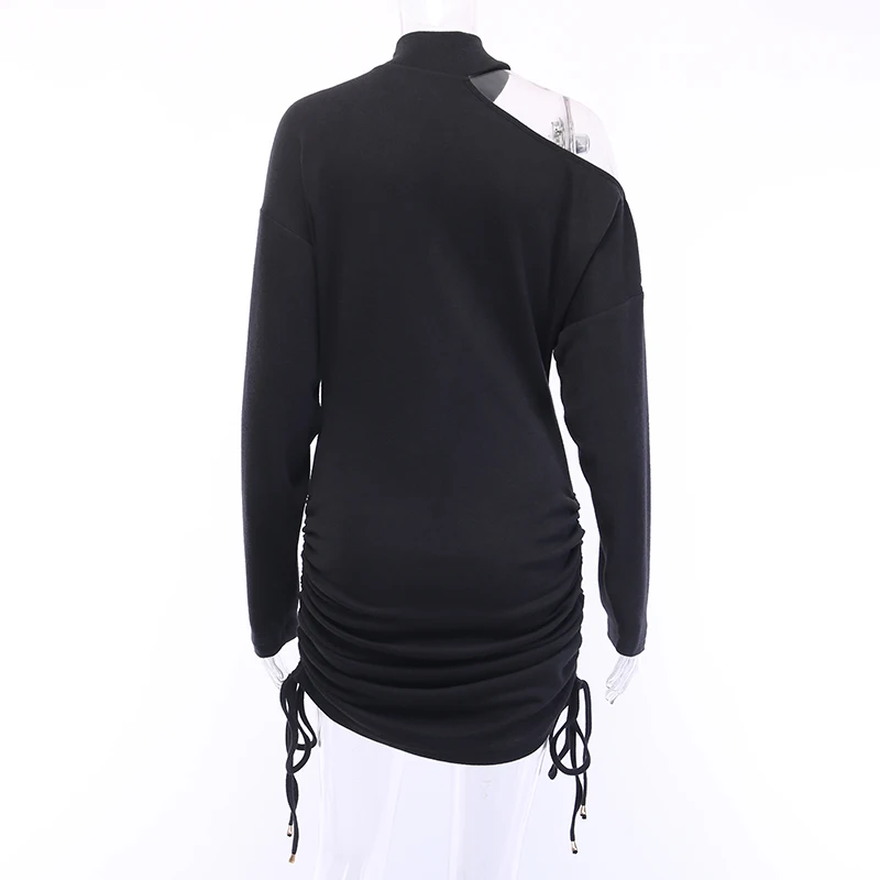 WannaThis/Вечерние платья с одним плечом, Осеннее новое платье на бретельках, с вырезами, на шнурке, с длинным рукавом, женское элегантное мини-платье, тонкое черное сексуальное