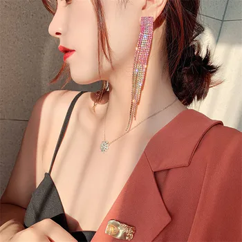 

CH-751 Pink Rhinestone Drop Earrings for Women Shiny Long Tassel Dangle Earrings Statement Earrings Bar Party Jewelry