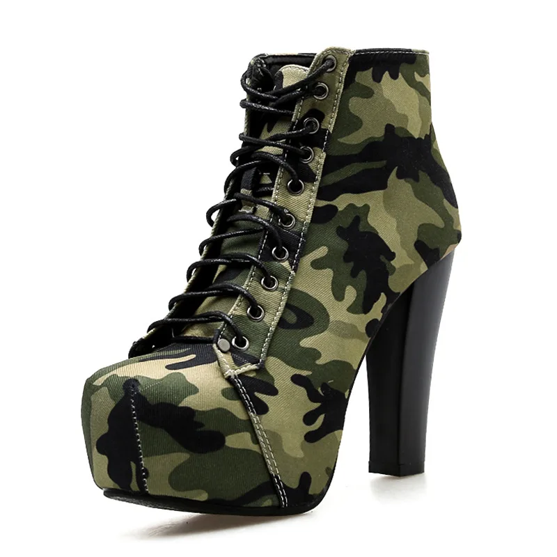 

2019 New Ankle Boots For Women Platform High Heels Shoes Ladies Square Toe Camouflage Short Boots Cross Straps