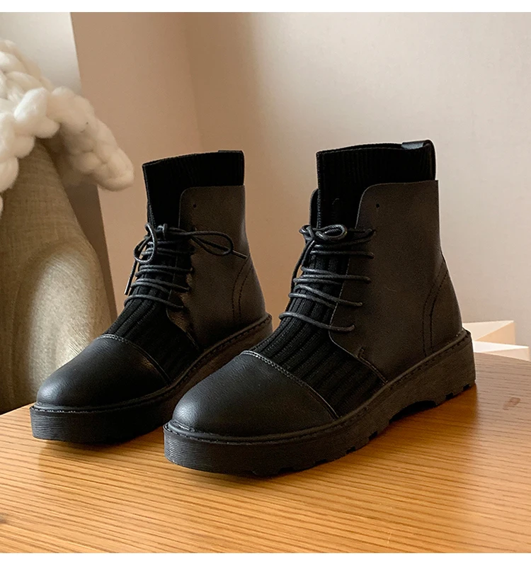 Г. bottines pour les femmes, вязаные осенне-зимние женские ботинки на шнуровке Нескользящие ботильоны для женщин с круглым носком на шнуровке