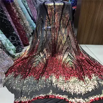 

Red African Net Lace Fabric Nigerian Wedding Lace With Sequins Lace Fabric For Wedding Gowns QF2659B-7