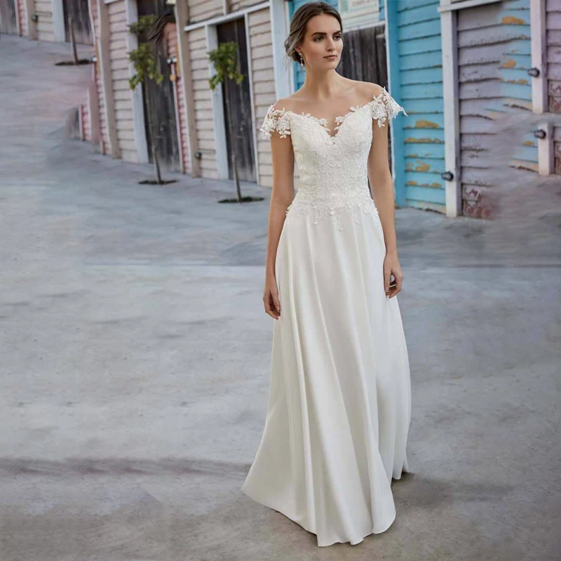 

Latest Off Shoulder Women Wedding Dress Short Sleeve Chiffon A Line Key Hole Back Bridal Gowns vestido de noiva Sweep Train