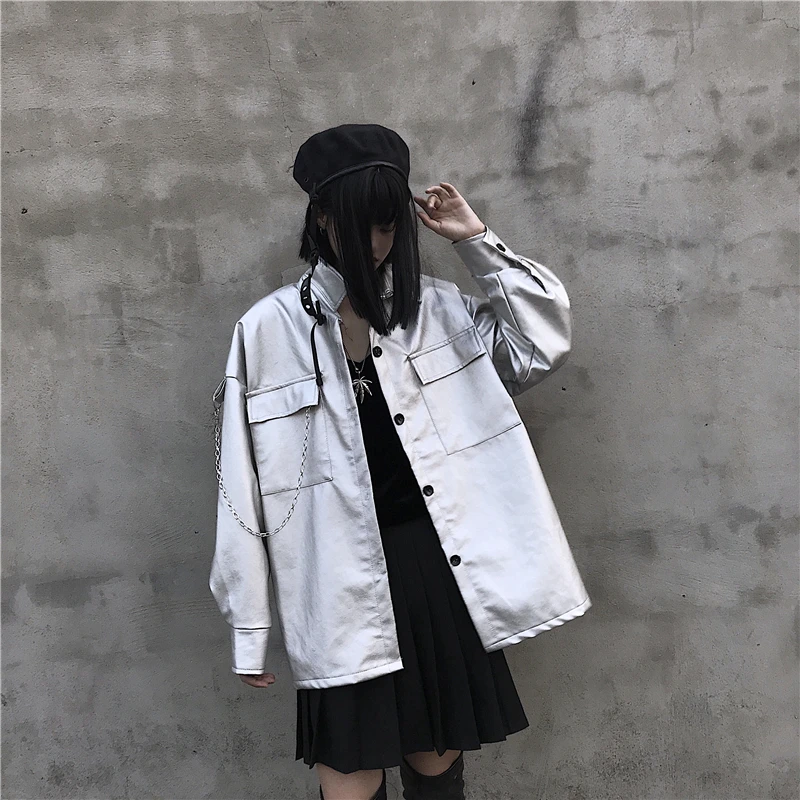 Женская куртка Neploe из искусственной кожи Harajuku, серебряная кожаная верхняя одежда унисекс, мотоциклетная куртка с цепочкой в стиле хип-хоп, кожаные куртки 55462