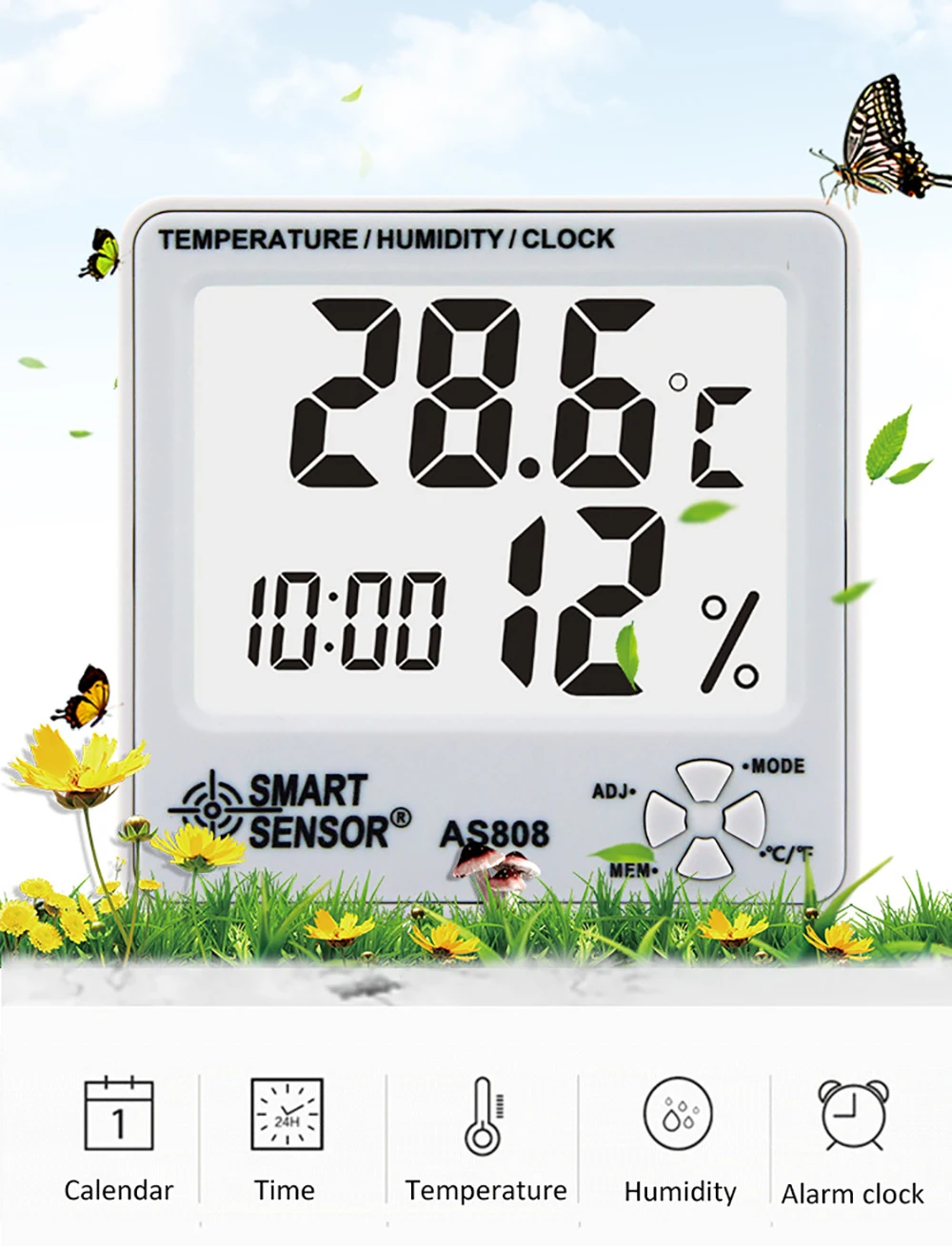 

Smart Sensor AS808 Digital Hygrometer Thermometer Humidity Temperature Meter Tester Weather Station with Calendar Clock Alarm