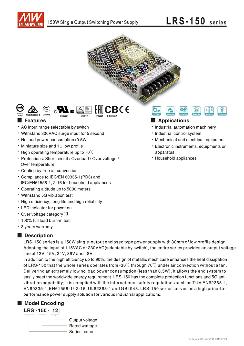 MEAN WELL LRS-150-48 150 Вт 48 в импульсный источник питания 110 В/220 В переменного тока до 48 В постоянного тока 3.3A 158,4 Вт Meanwell Светодиодный светильник постоянного тока