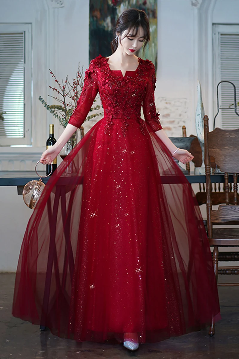 Wine Red Modest Evening Dresses With 3/4 Sleeves 2021 Luxury Appliques A-line Floor-length Women Formal Gowns For Wedding Party