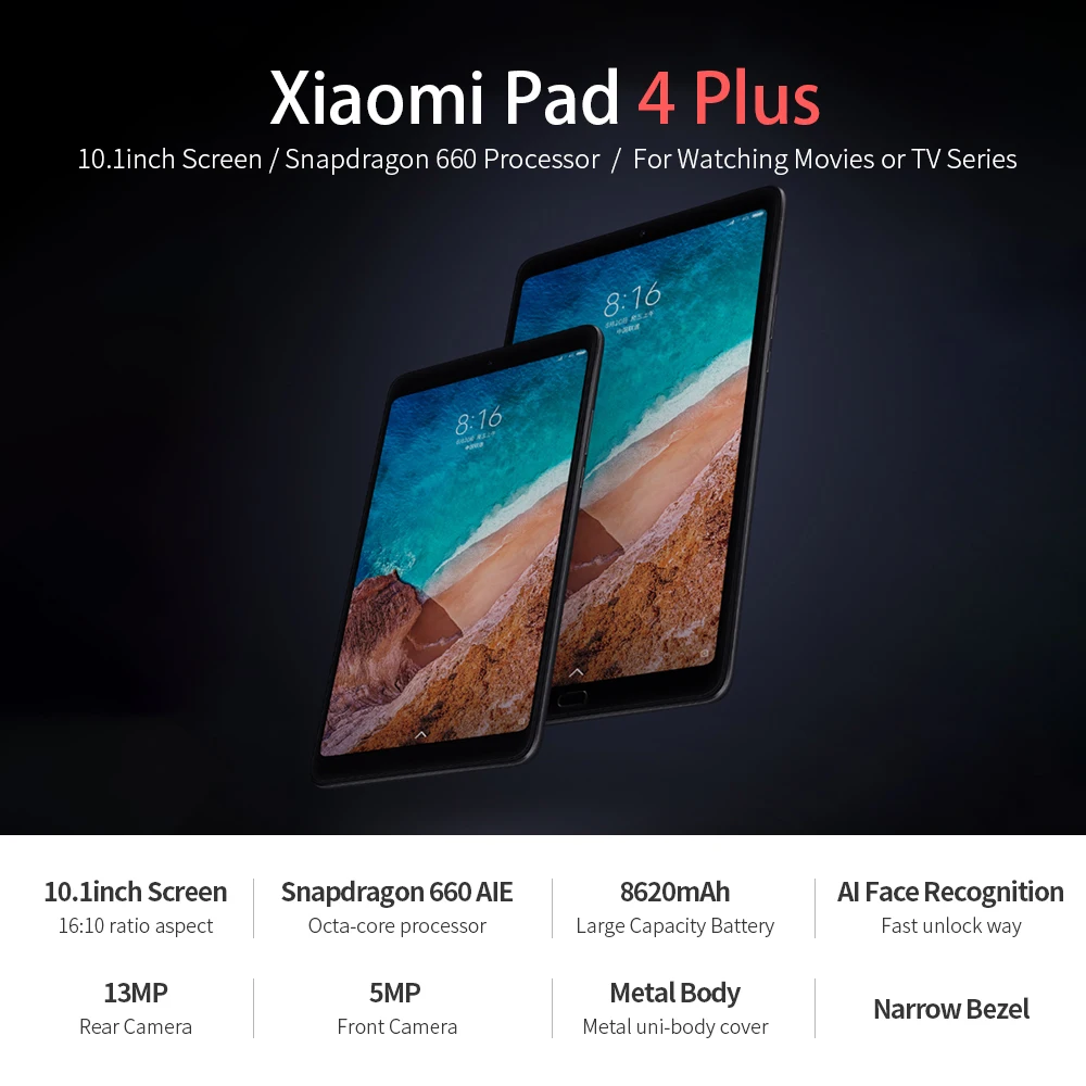 Многоязычный Xiaomi mi Pad 4 Plus 64GB Планшеты 4 Snapdragon 660 AIE 8620mAh 10,1 ''16:10 1920x1200 экран 13 МП mi Pad 4