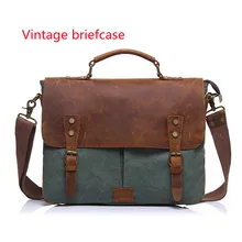 Retro Men's Portable Briefcase, Canvas Computer Messenger Bag With Crazy Horse Leather Size 36X28X10CM