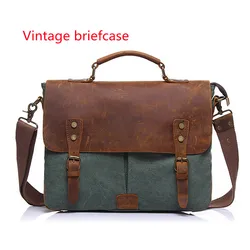 Retro Men's Portable Briefcase, Canvas Computer Messenger Bag With Crazy Horse Leather Size 36X28X10CM