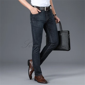 

Free shipping 2020 men's spring summer new mid-waist straight jeans high-end business young and middle-aged slim casual trousers