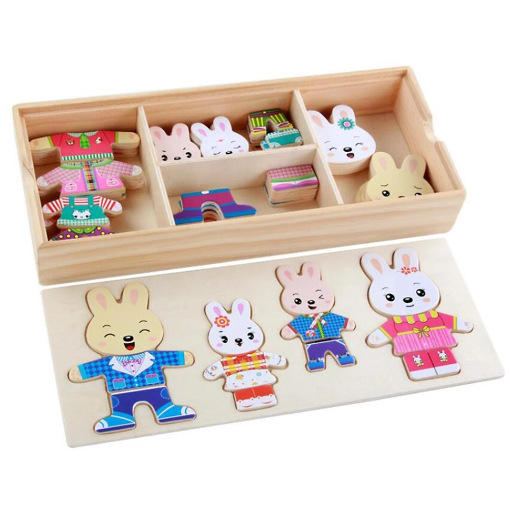 Детские Ранние развивающие игрушки деревянные Мультяшные животные кролик меняющая одежда Пазлы игрушки одеваются образовательные головоломки для детей игрушки#30