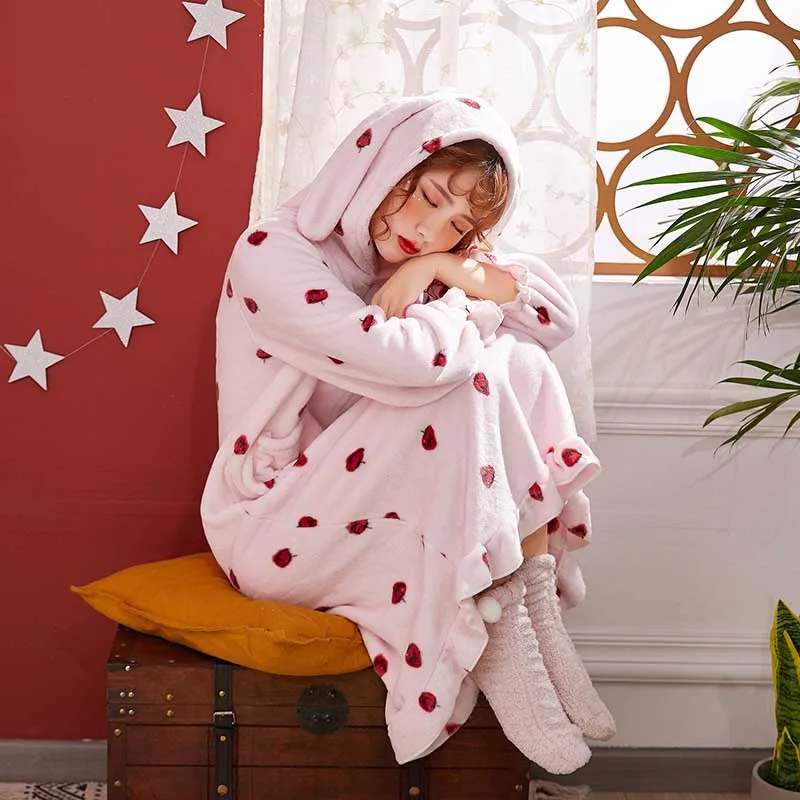 Rabbit Ears Hooded Flannel Bath Robe Cartoon Women Bathrobe Winter Thicken Plus Size Girls Night Gown Coral Fleece Nightgown