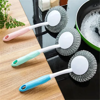 

WOW Wire Ball Brush With Long Handle Pan Cleaning Brush Dish Handle Washing Brush Stainless Steel Wire Ball Kitchen Cleaner