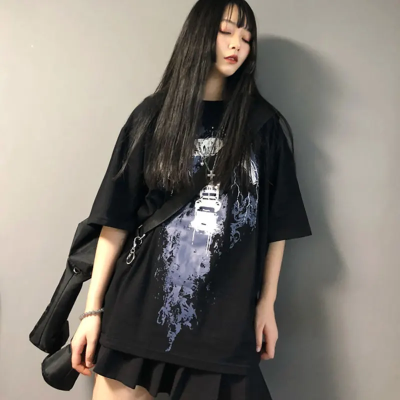 InsGoth Harajuku свободная футболка женская Эстетическая гранж черная футболка готический панк печатных футболки с ведьмами уличная хип хоп Женский Топ