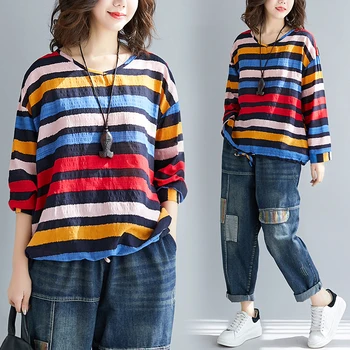 

Casual Cotton Linen Full Sleeve Loose blusas womens tops and blouses 5449