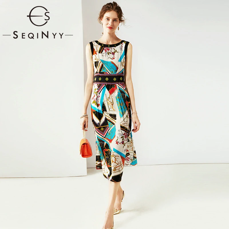 

SEQINYY Midi Dress 2020 Summer Spring New Fashion Design High Quality Vest Vintage Flowers Printed Women Elegant Dress