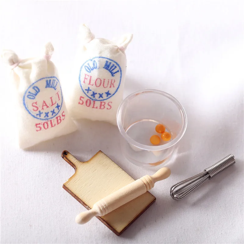 Doll house miniature kitchen food play flour salt bag egg knitting rolling rod model shoot prop